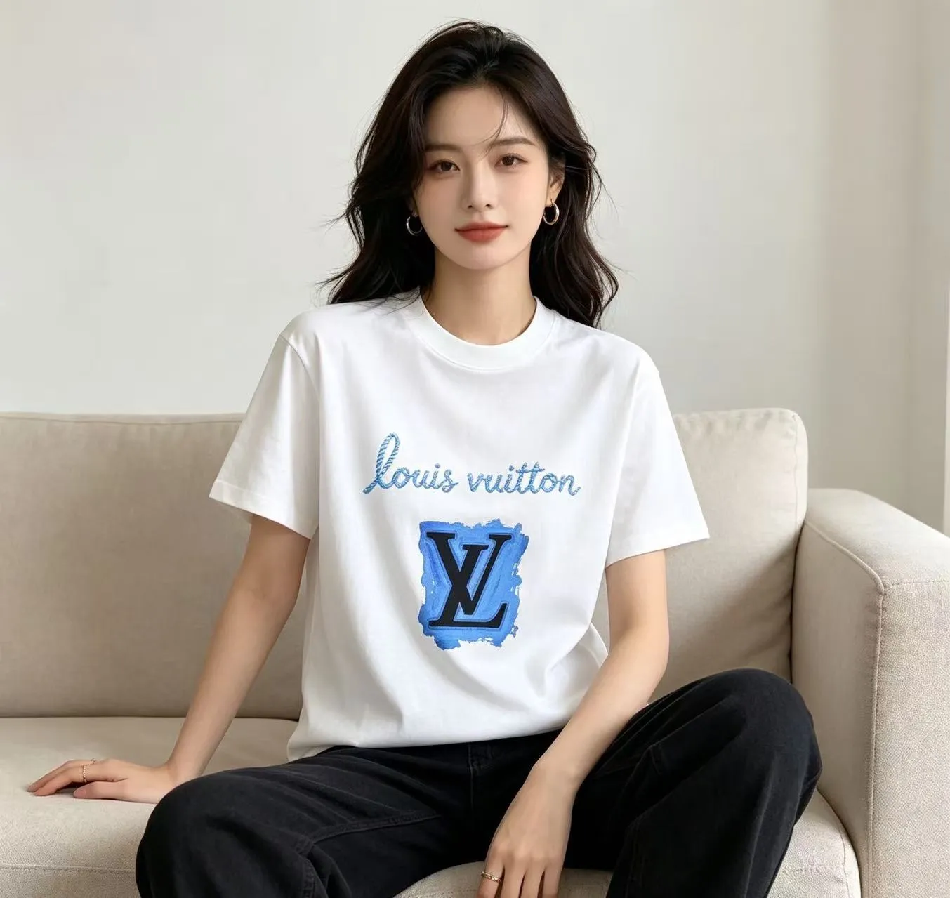 Louis Vuitton/Louis Vuitton blue graffiti LV printed short sleeves